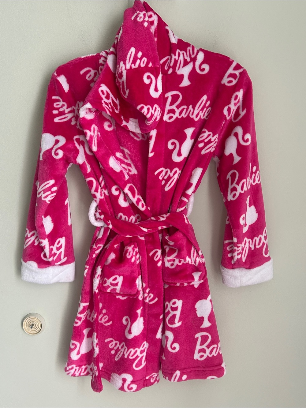 Barbie Hot Pink and White Fleece Hooded Kids Robe